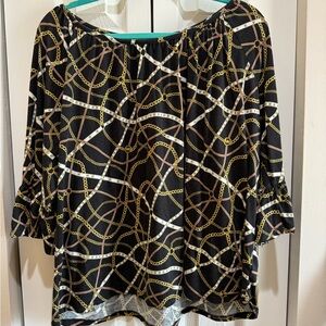 Michael Kors Black and Gold Relaxed Blouse with 3/4 Sleeves